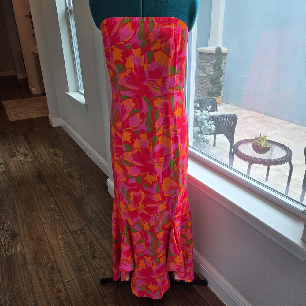 Peach Love Maxi Dress Womens Large Multicolor Strapless Floral Ruffle Hem NEW